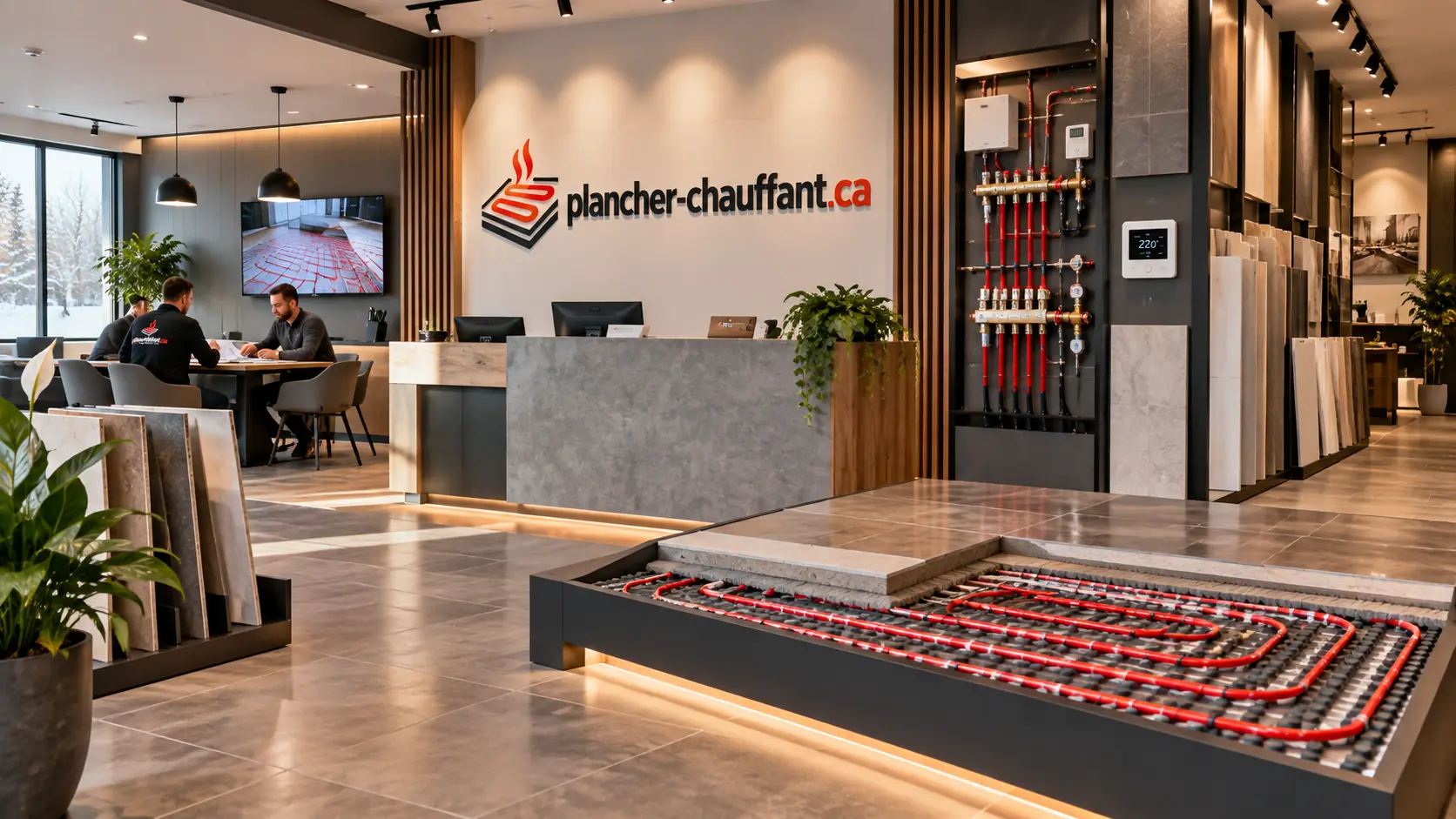 Salle de montre de plancher chauffant avec coupe technique