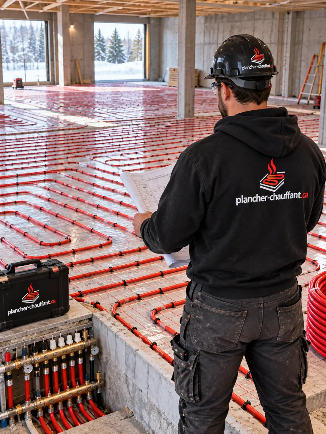 Chantier commercial de plancher chauffant hydronique